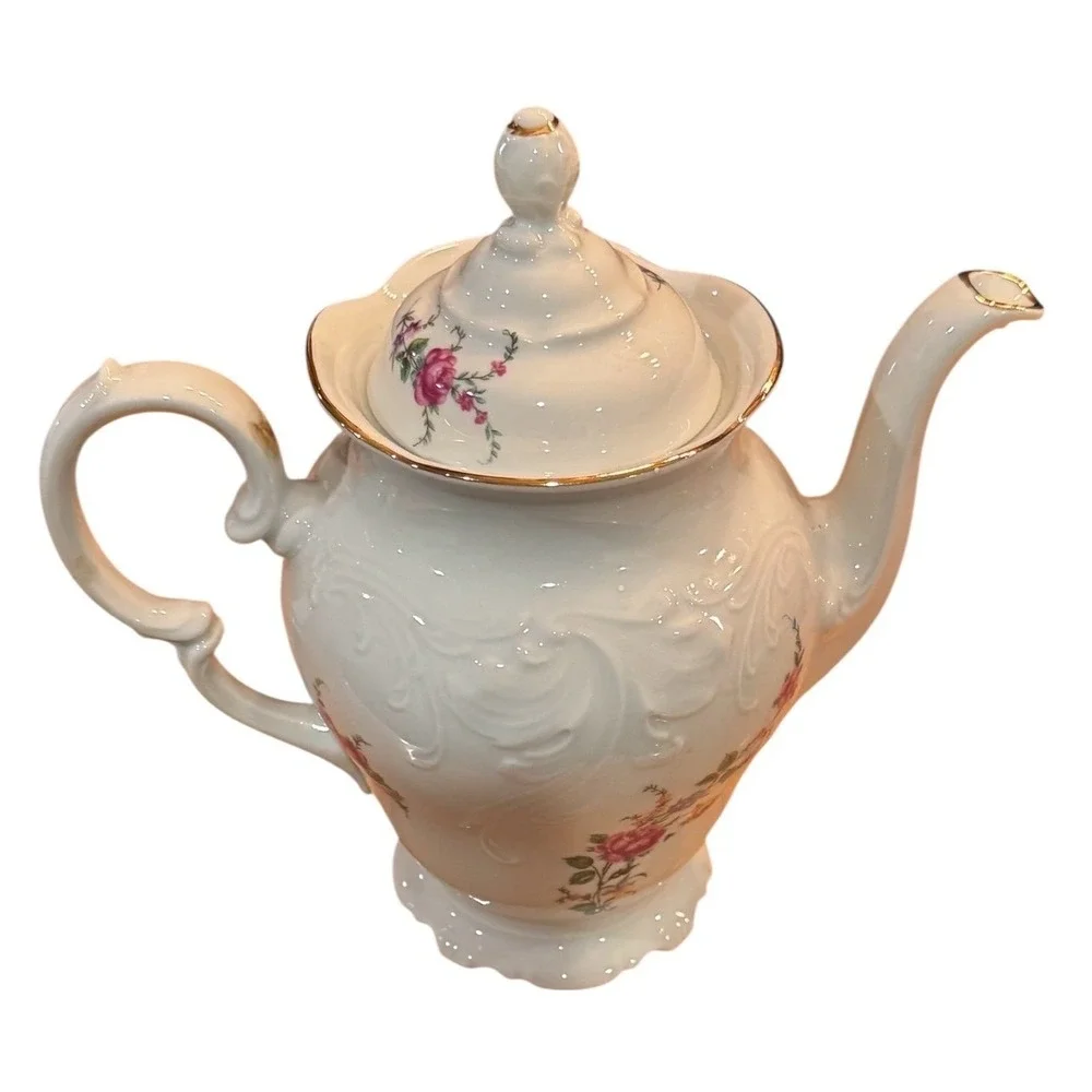 WAWEL POLAND Vintage China Teapot - Rose Floral Gold Trim Mid Century